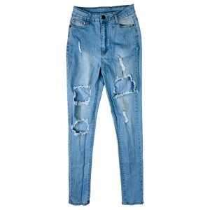 BOB Jeans Womens 7/8 High Waisted Distressed Skinny Jeans Light Wash Blue Denim